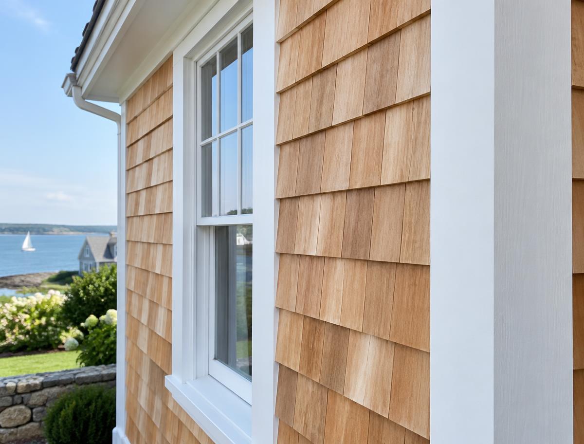 Home with cedar shake siding and white exterior trim